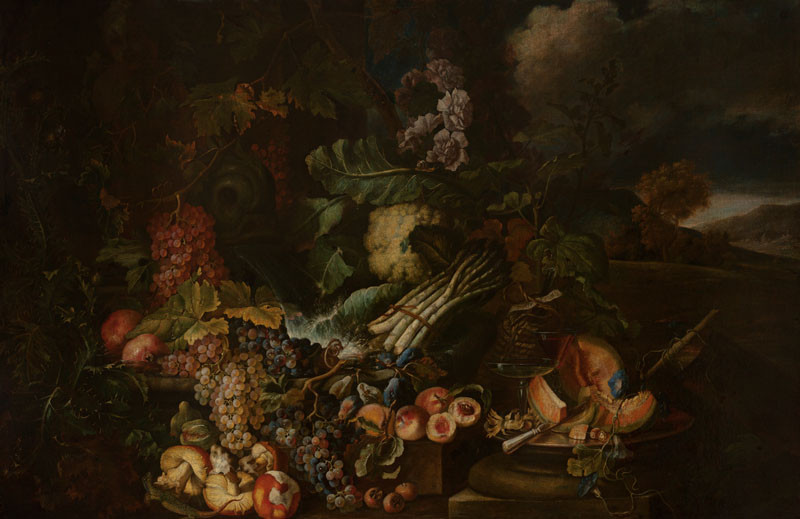 Maximilián Pfeiler - Zátiší s ovocem, zeleninou a fontánou