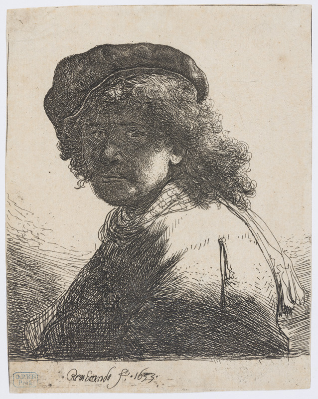 Rembrandt Harmenszoon van Rijn - Autoportrét s baretem, šálou a zastíněnou tváří