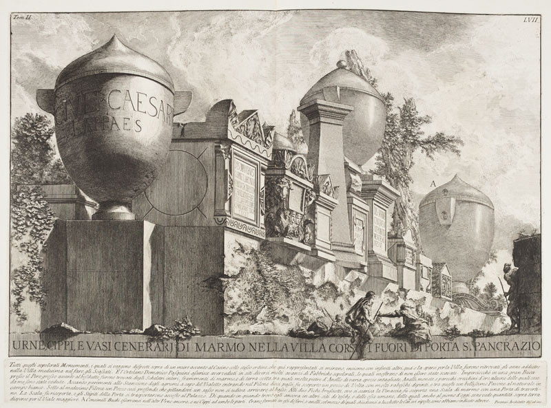 Giovanni Battista Piranesi - rytec - Urny, stély a mramorové nádoby na popel z vily Corsini za Porta S. Pancrazio, z alba Le Antichità romane II, tab. LVII