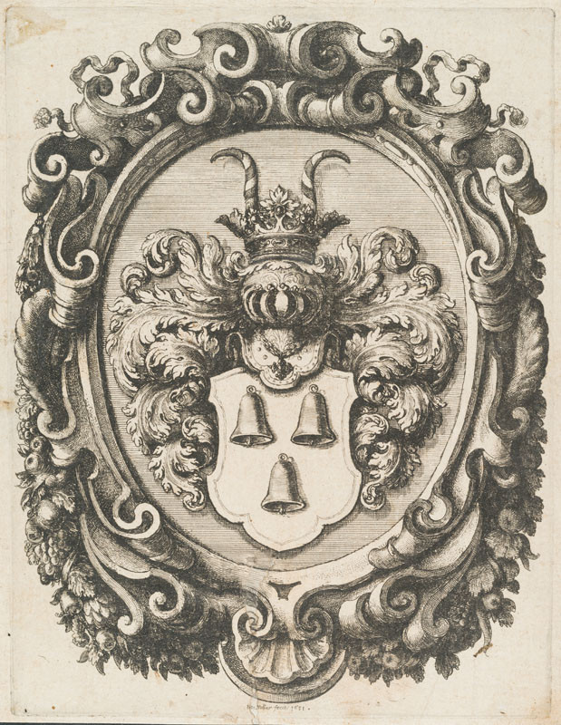 Wenceslaus Hollar, Wenceslaus Hollar - inventor - Coat of Arms with Three Bells in an Ornate Frame