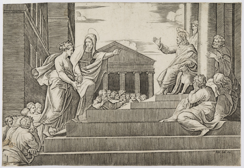 Marcantonio Raimondi - rytec - Marta vede Máří Magdalénu ke Kristovi